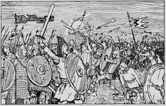Slaget på Fitjar, teikna av Erik Werenskiold