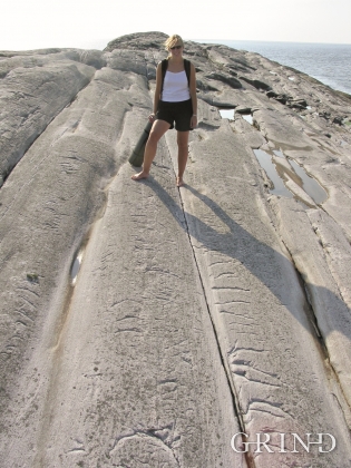 Curvy scours in the bedrock ("chatter marks") and elongated channels are evidence of the ice's scouring effect when the glacier moved west over the gneiss bedrock at Nalen. 