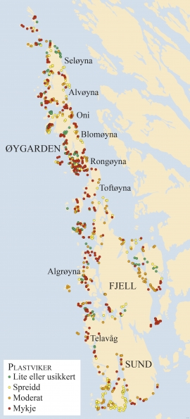 Kartet viser område der plast driv i land i Øygarden, Sund og Fjell. Kartet er basert på flyfoto, dronefoto og kjentmannskunnskap.                 