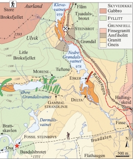 Kart over bergartar og lausmassar vest for Hallingskeid