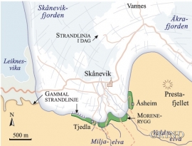 Kart over isbreen i Skånevik for 11700 år sidan.