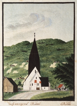 Vangskyrkja frå 1200-talet. Akvarell av Catharine Kølle 