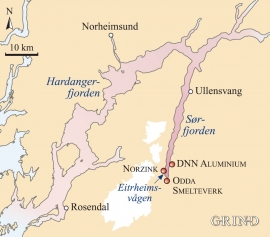 Map showing concentration of heavy metals in bottom-sediments in Sørfjorden and Hardangerfjorden in 1984. (Jens Skei/Eva Bjørseth)