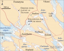 Kart med strandlinja for 8000 år sidan og områda som vart overfløymde av flodbølgja