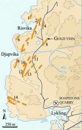 Map showing gold-bearing quartz veins (golden brown lines)