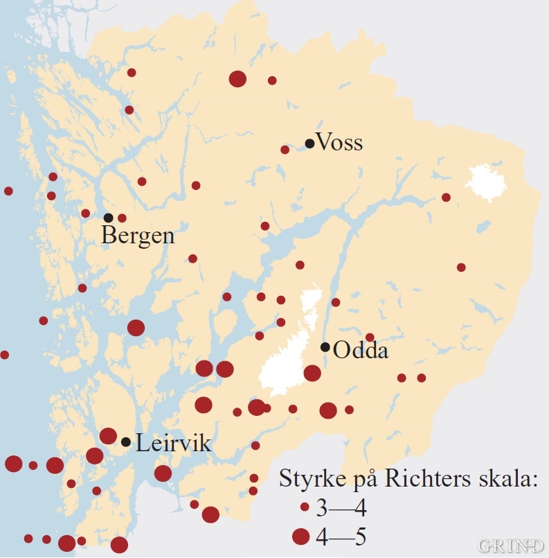 Registrerte jordskjelv i Hordaland i nyere tid. (Kuvvet Atakan/Sverre Mo)