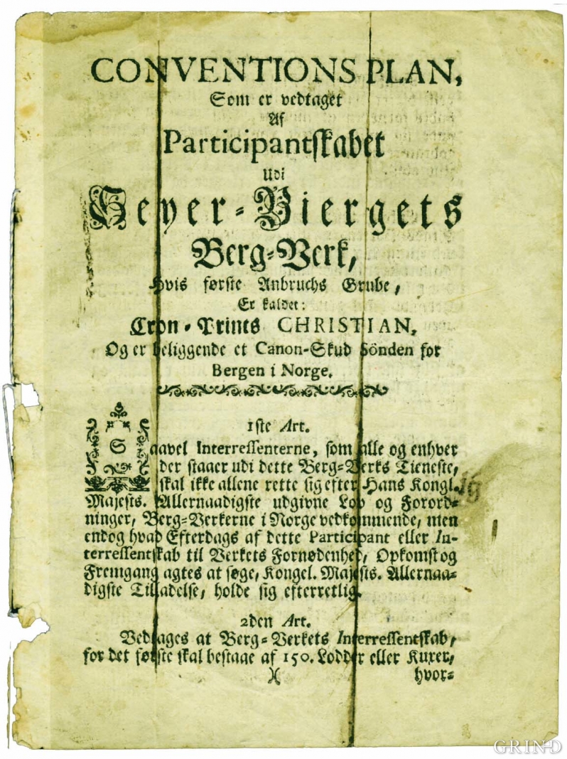 Framsiden på «Conventions Plan» for «Seyer-Biergets Berg-Verk». 